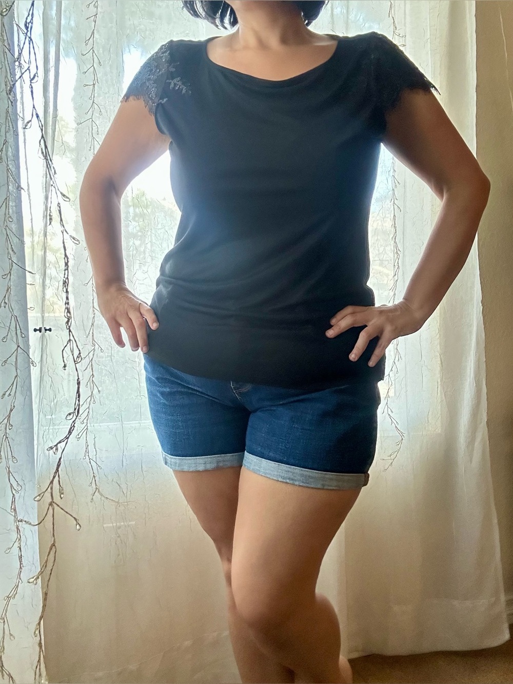Whbm Black Lace Cap Sleeve Top